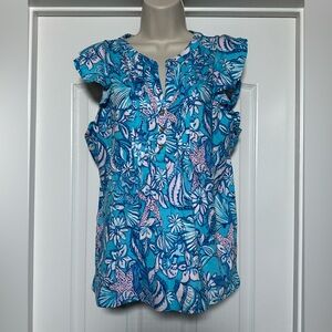 NWT Lily Pulitzer Light Blue Ruffle Short Cap Sleeve Beach Seashell Blouse Sz S